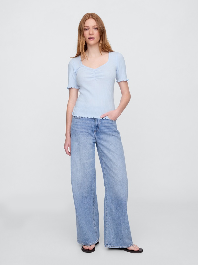 Ribbed Pointelle Ruched Top