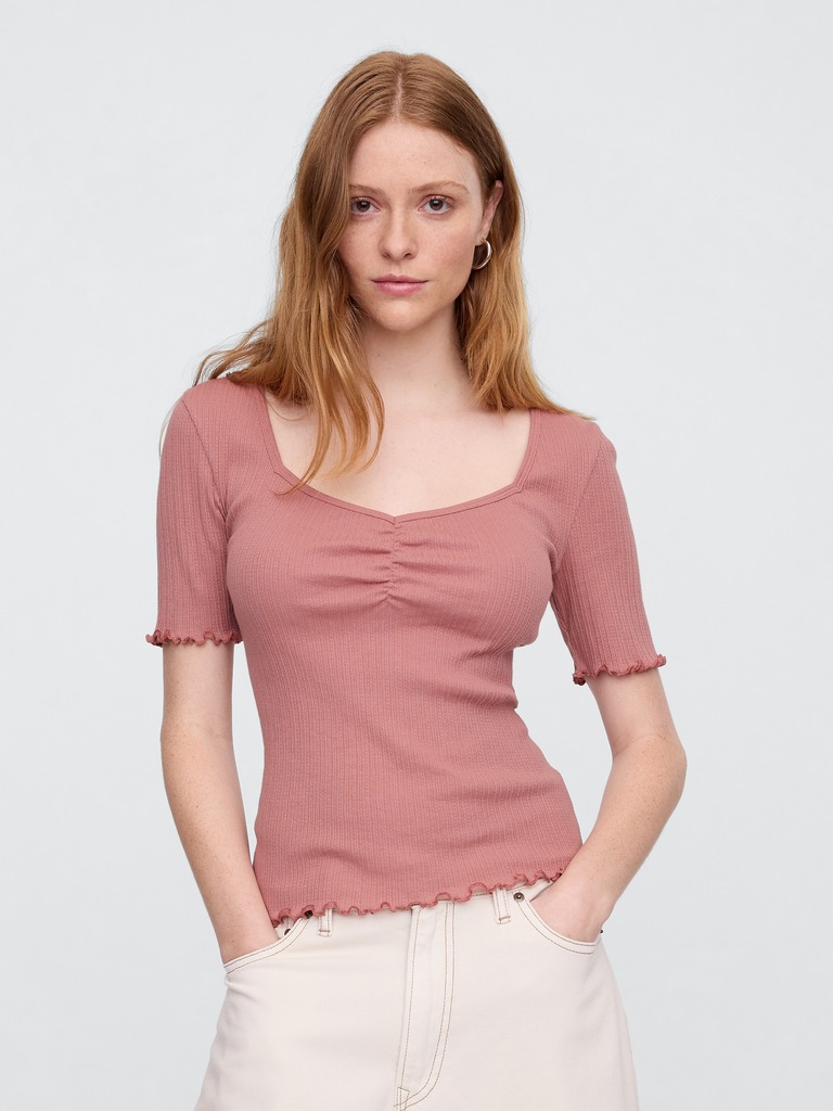 Ribbed Pointelle Ruched Top