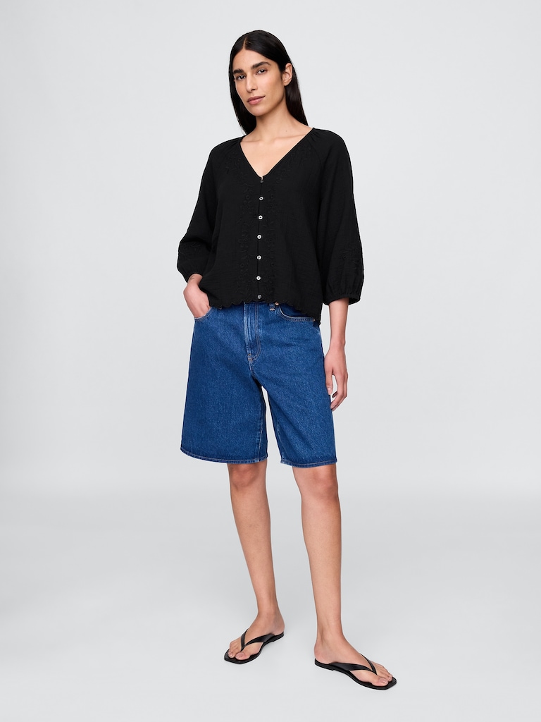 Cotton Gauze Embroidered V-Neck Top