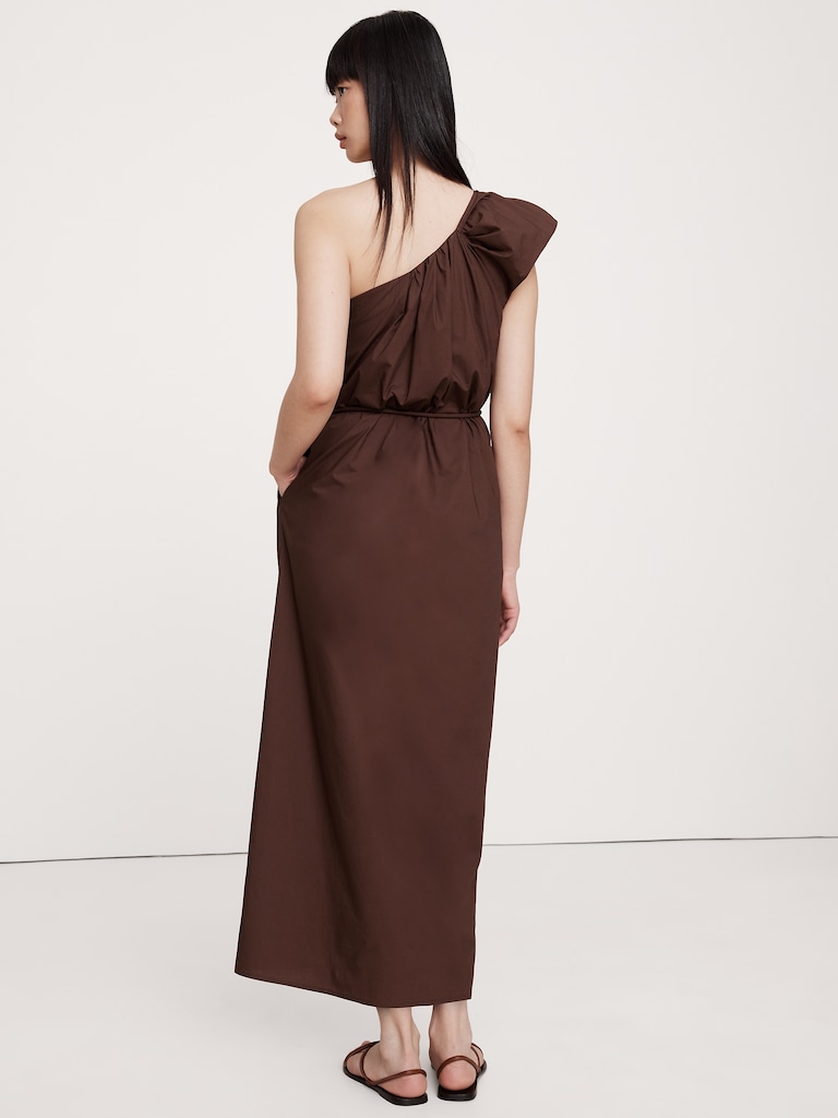 Ruched Cotton Poplin One-Shoulder Maxi Dress