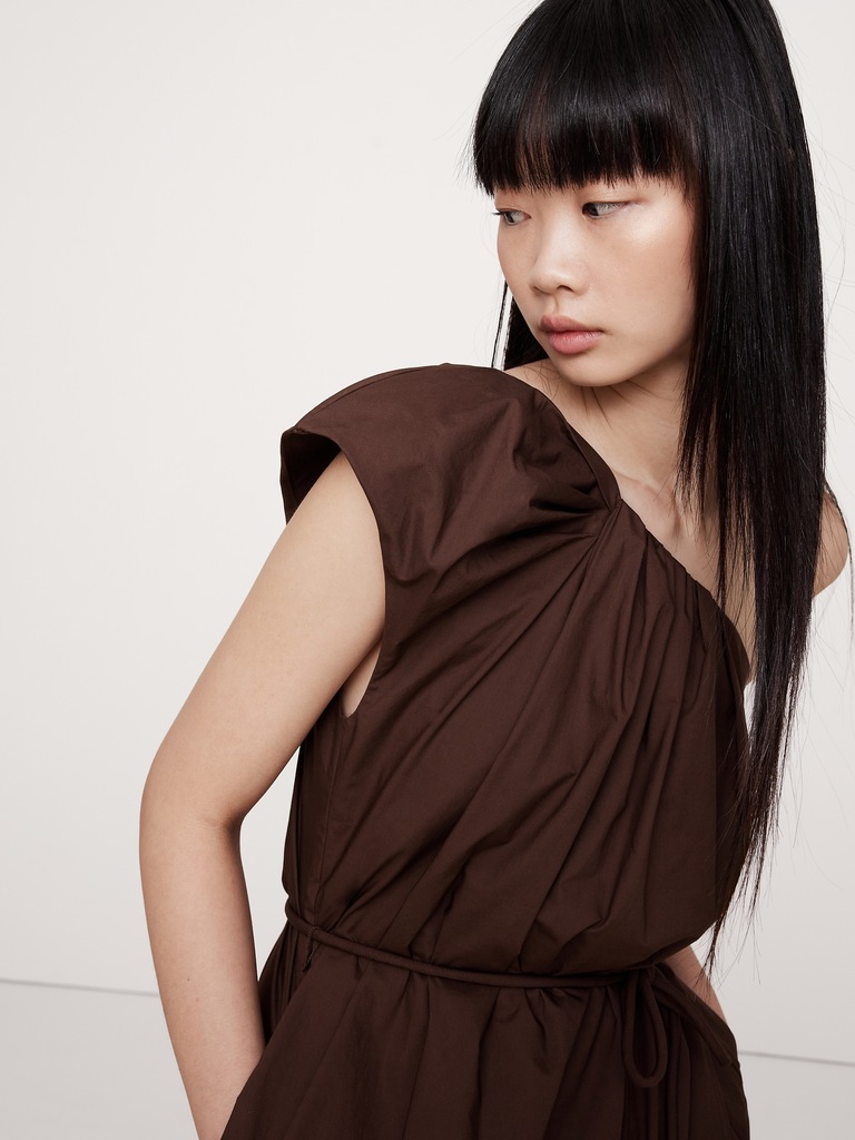 Ruched Cotton Poplin One-Shoulder Maxi Dress