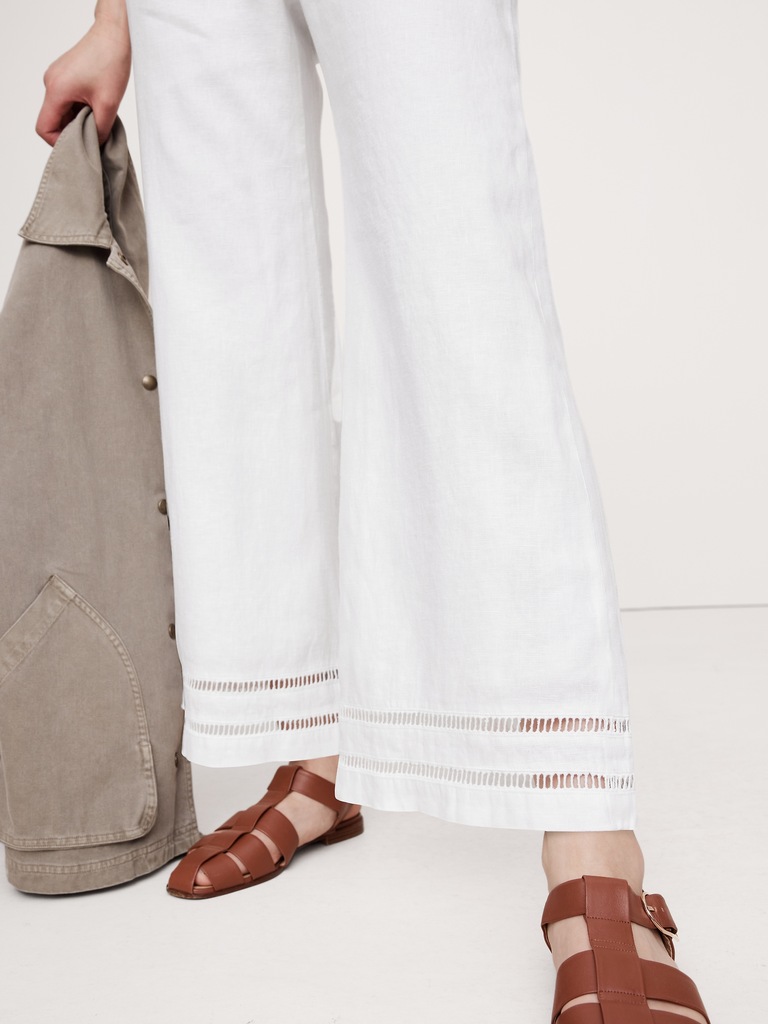 Mid-Rise Kick-Flare Lace-Trim Linen Ankle Pant