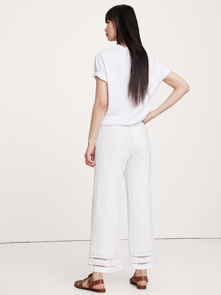 Mid-Rise Kick-Flare Lace-Trim Linen Ankle Pant