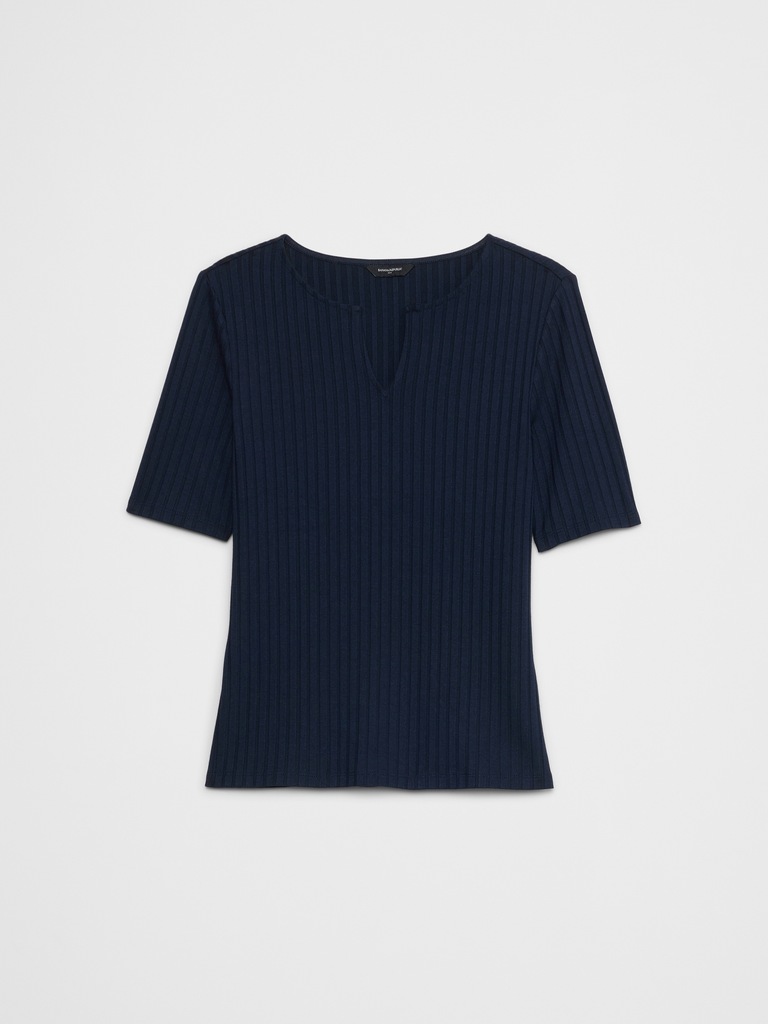 Wide Ribbed Split-Neck Top