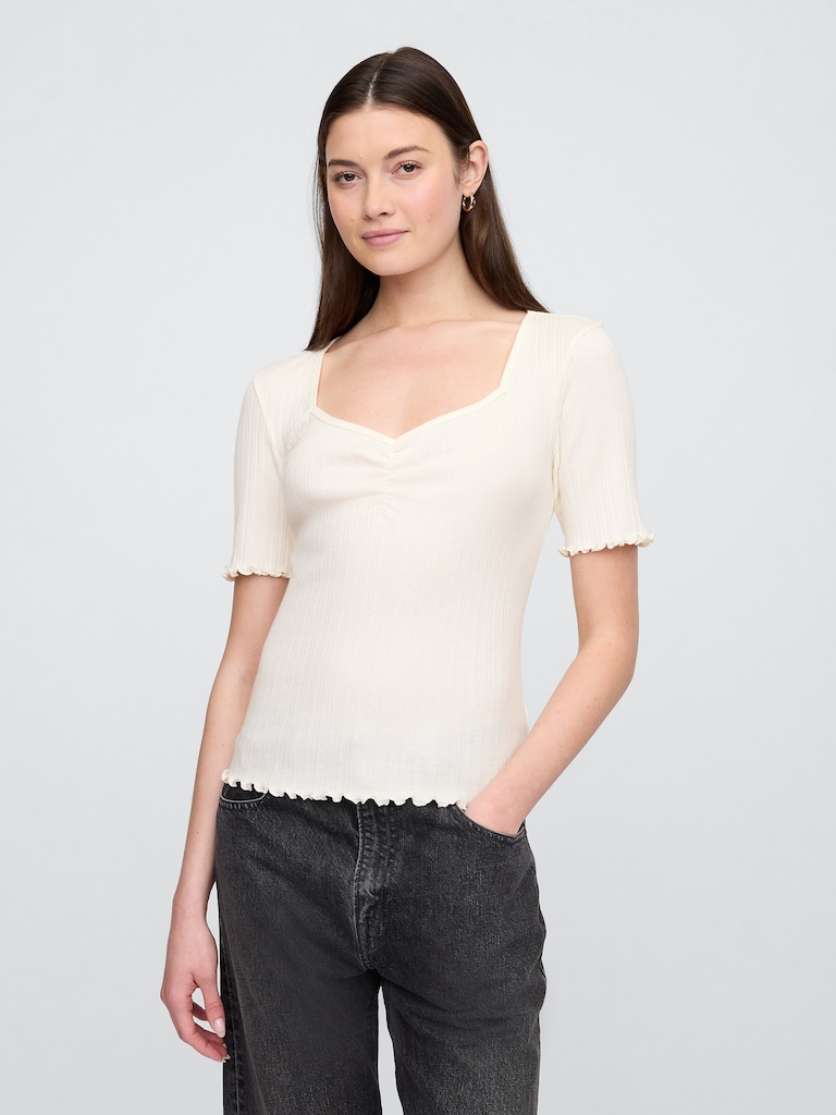 Ribbed Pointelle Ruched Top