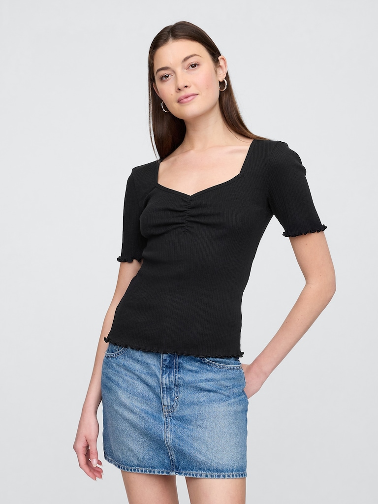 Ribbed Pointelle Ruched Top
