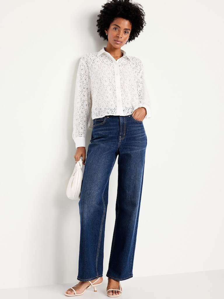 Cropped Lace Button-Down Shirt