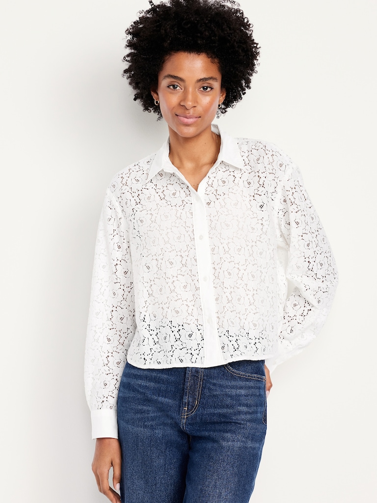 Cropped Lace Button-Down Shirt