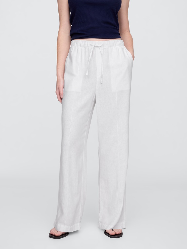 Mid Rise Linen-Blend Pull-On Wide-Leg Pants