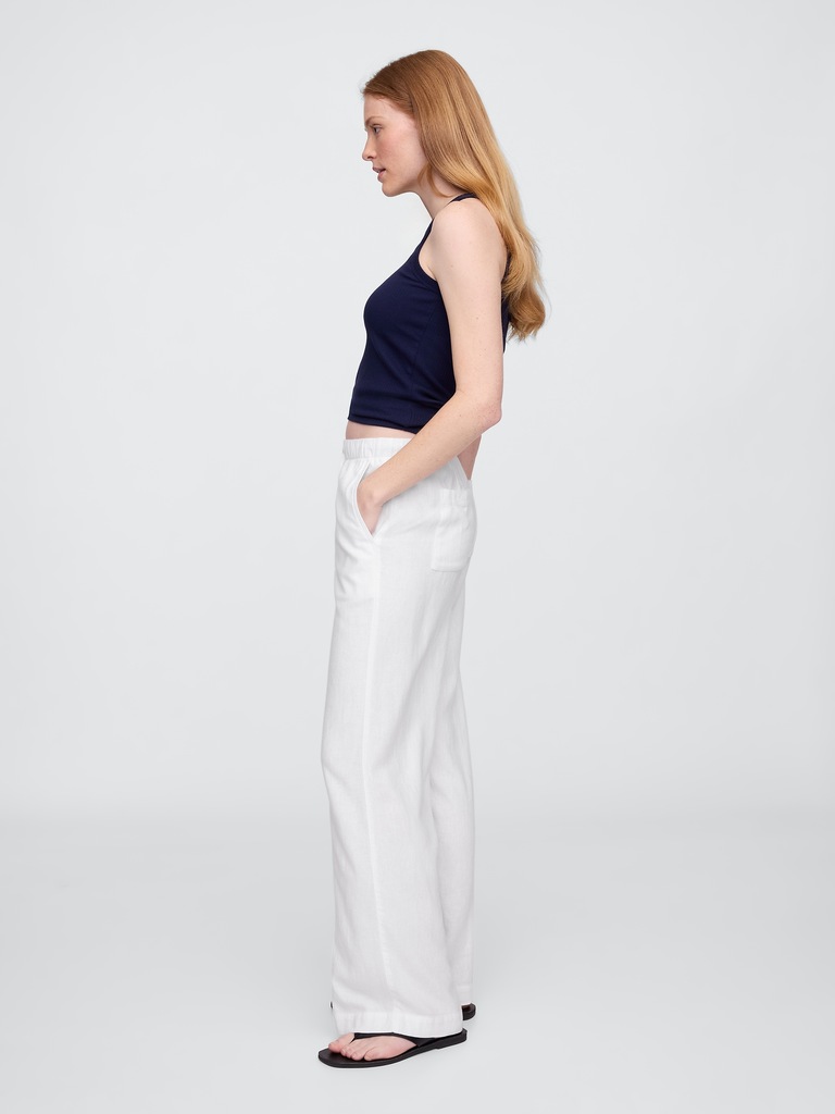 Mid Rise Linen-Blend Pull-On Wide-Leg Pants