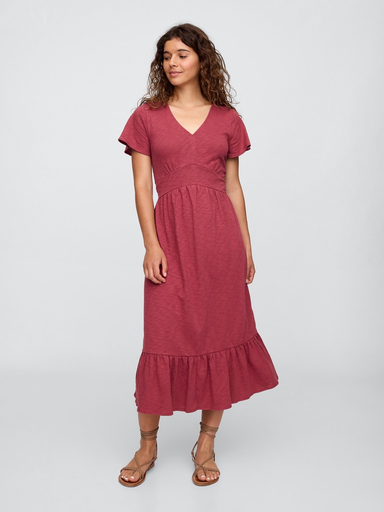 Flutter Sleeve V-Neck Midi Dress