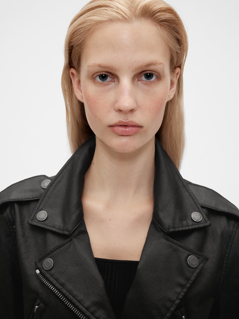 GapStudio Coated Denim Crop Moto Jacket