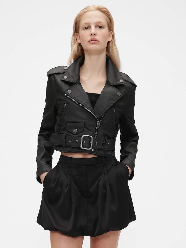 GapStudio Coated Denim Crop Moto Jacket