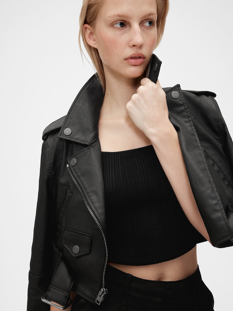 GapStudio Coated Denim Crop Moto Jacket