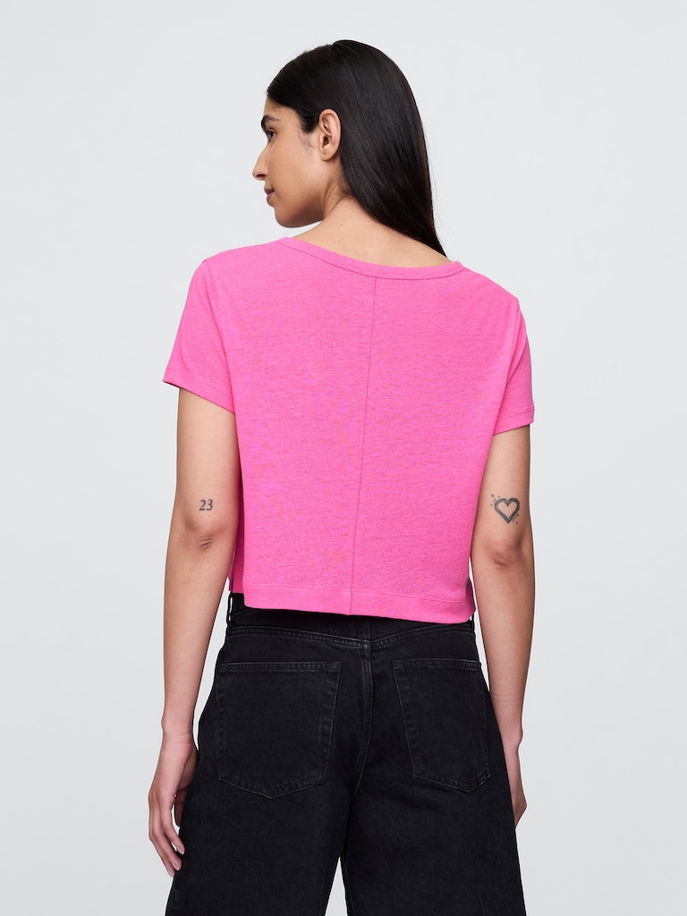 Linen-Blend V-Neck Crop T-Shirt