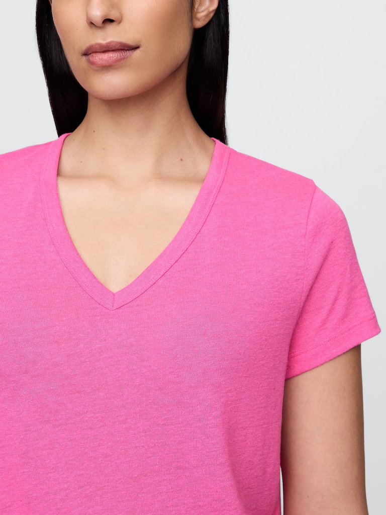 Linen-Blend V-Neck Crop T-Shirt