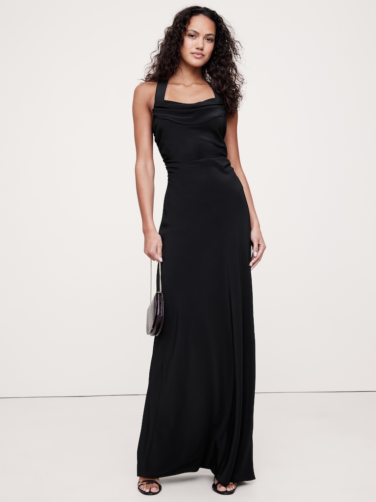 Matte Silk Cowl-Neck Backless Maxi Dress