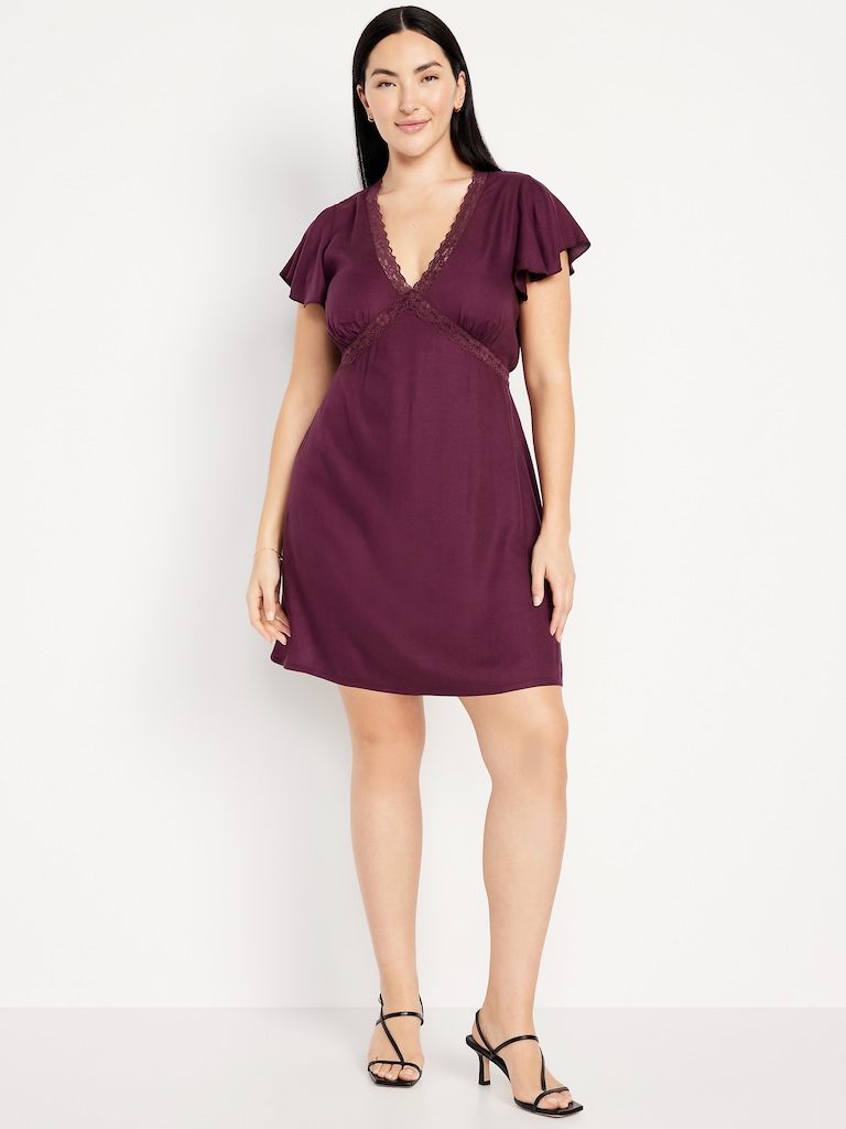 Fit & Flare Crepe Lace-Trim Mini Dress