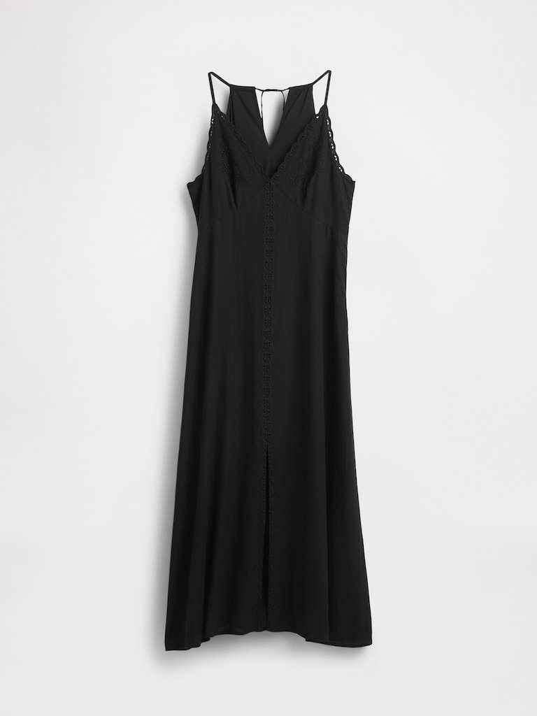 Linen-Blend Embroidered Halter Maxi Dress