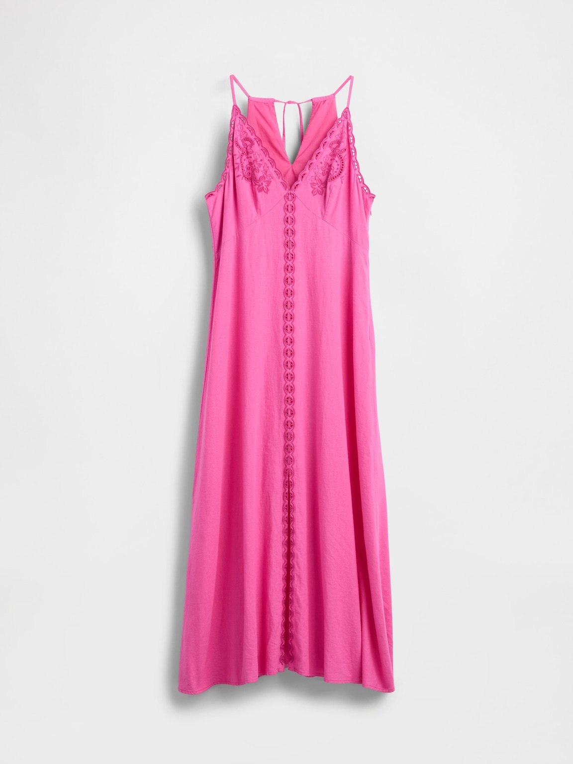 Linen-Blend Embroidered Halter Maxi Dress