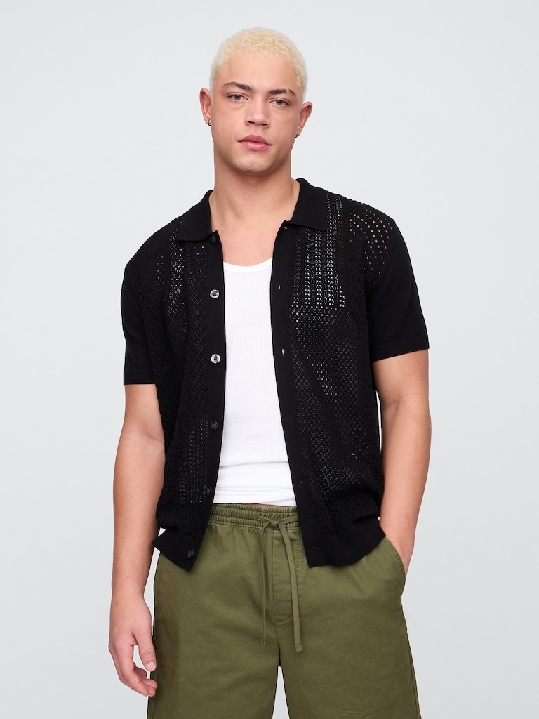 Mixed-Stitch Crochet Vacay Shirt in Standard Fit