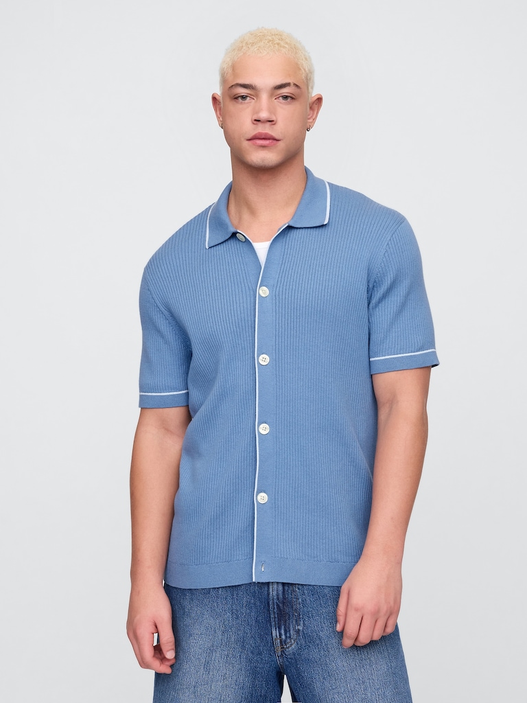 Ribbed Button-Front Polo Shirt
