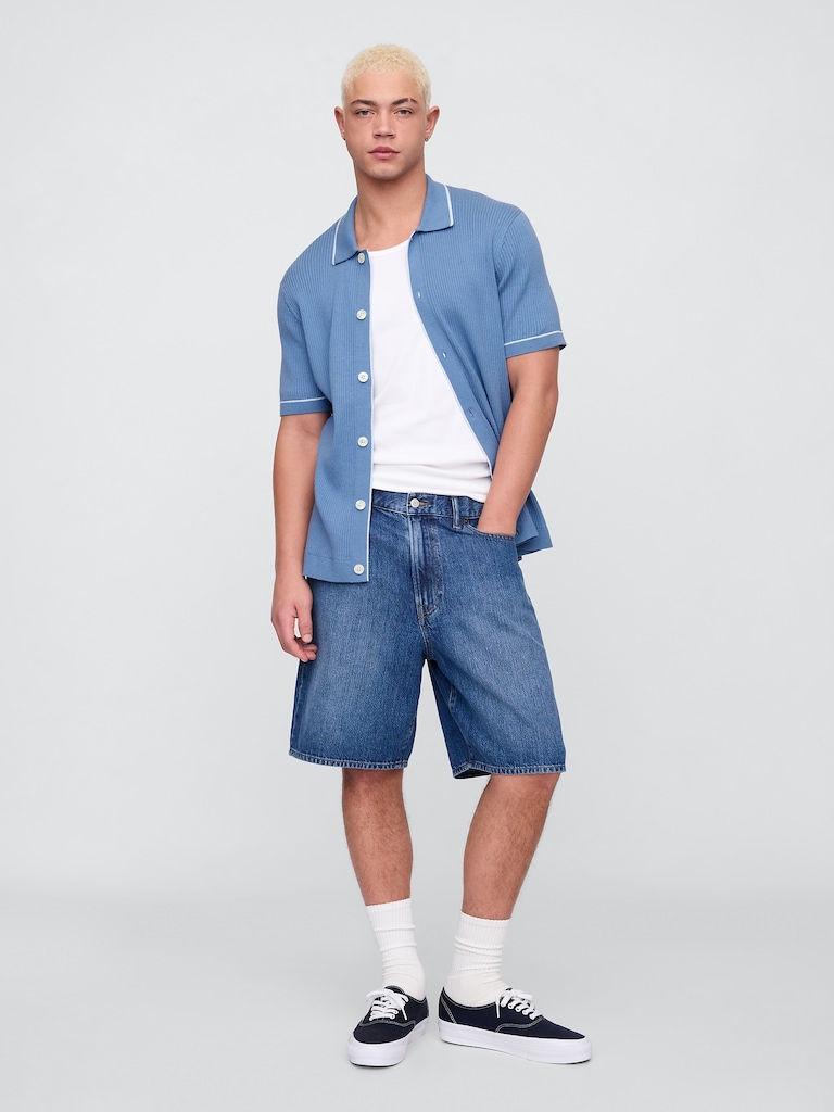 Ribbed Button-Front Polo Shirt