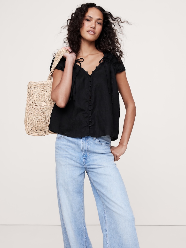 Oversized Linen Button-Front Drawstring Top