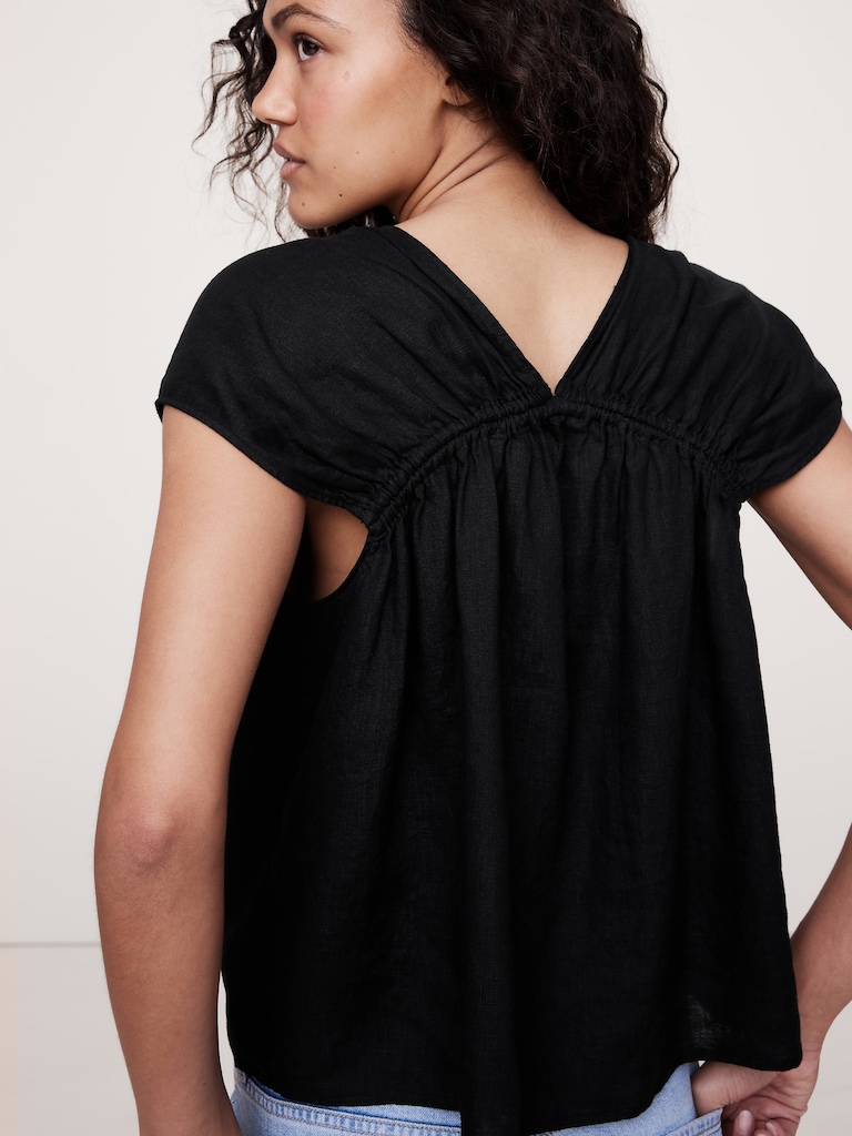 Oversized Linen Button-Front Drawstring Top