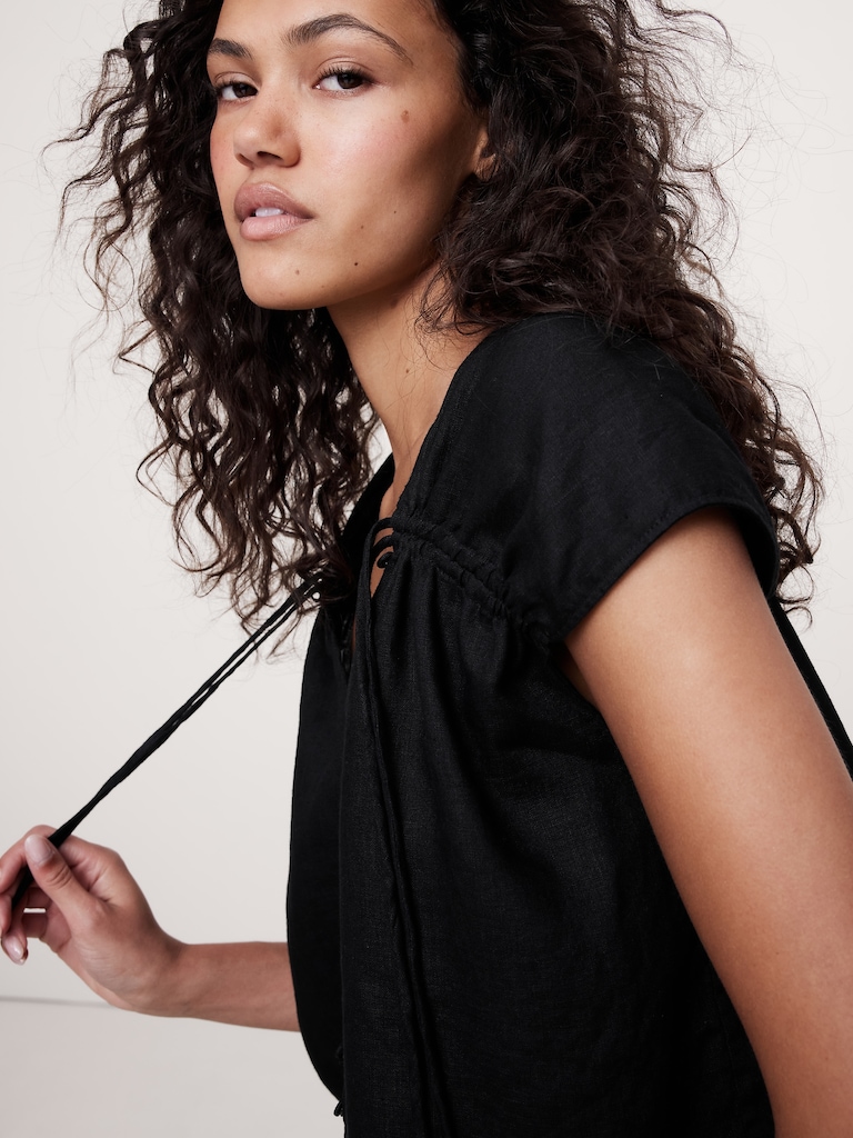 Oversized Linen Button-Front Drawstring Top