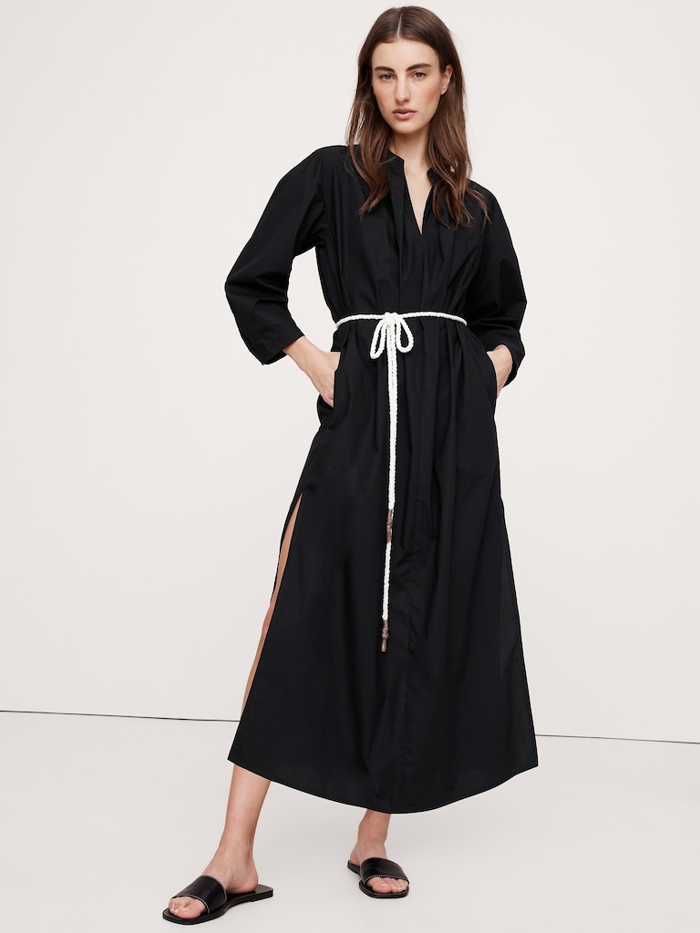 Cotton Poplin Split-Neck Shirt Dress