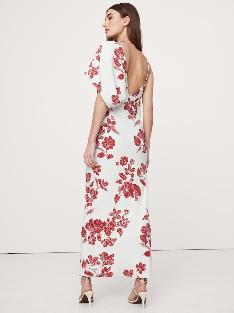 Stretch-Crepe Asymmetrical Open-Back Maxi Dress