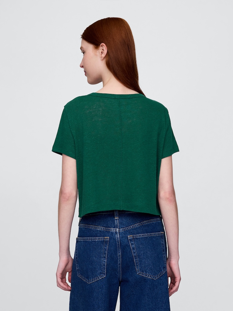 Linen-Blend V-Neck Crop T-Shirt