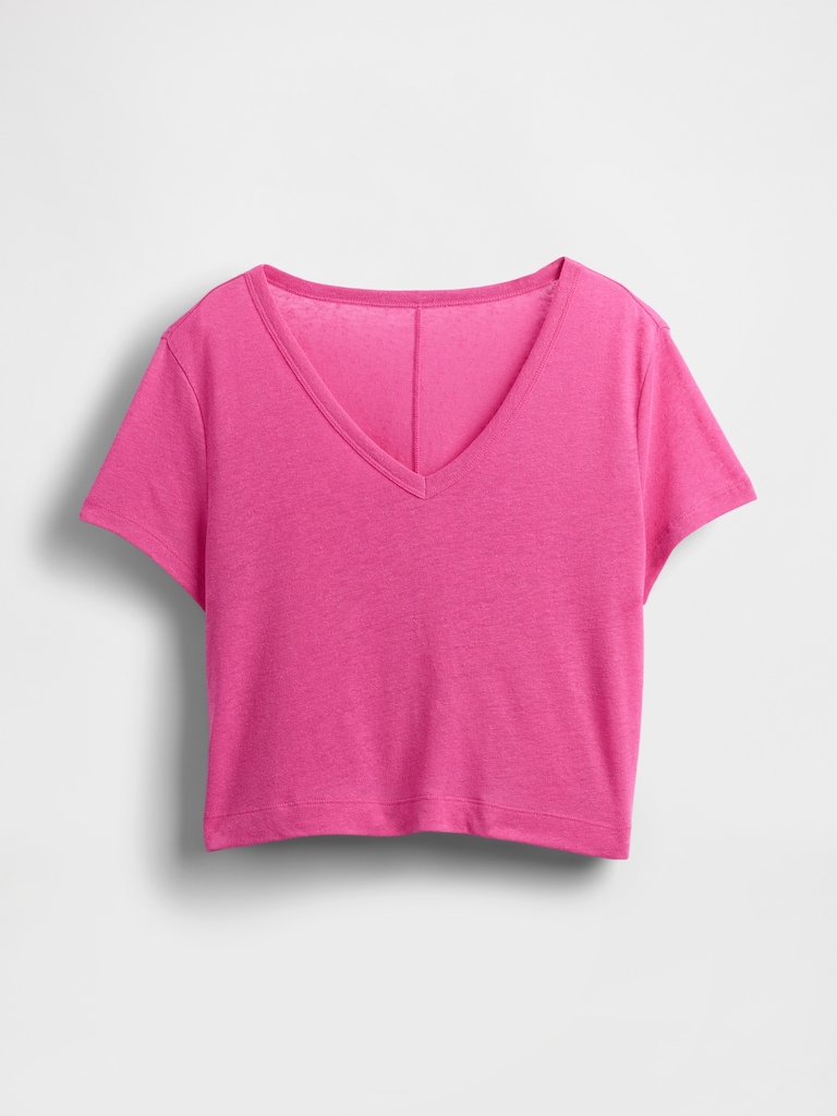 Linen-Blend V-Neck Crop T-Shirt