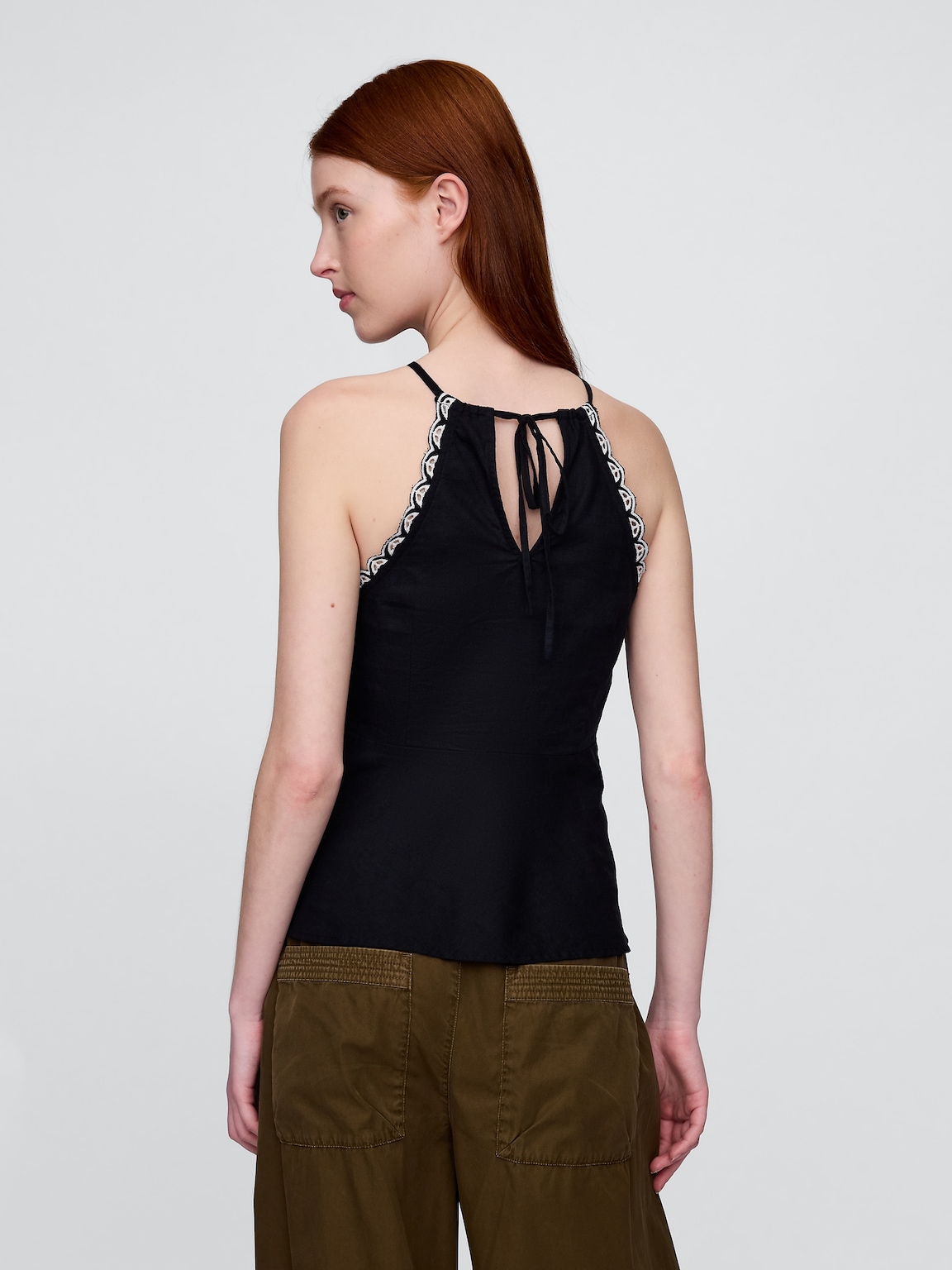 Linen-Blend Embroidered Halter Top