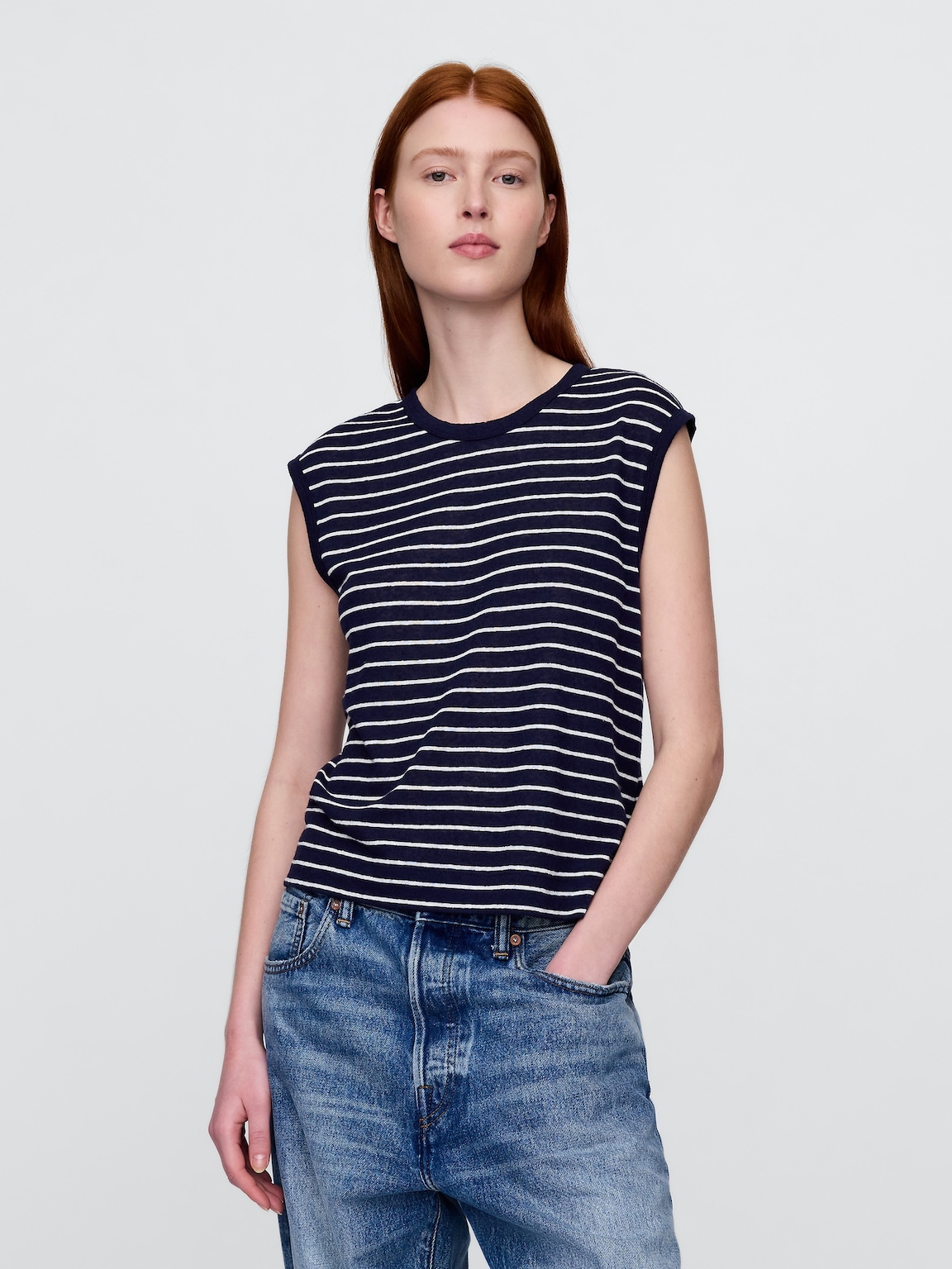 Linen-Blend Crewneck Shell Tank Top