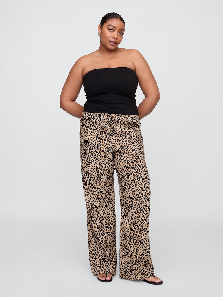 Mid Rise Linen-Blend Pull-On Wide-Leg Pants