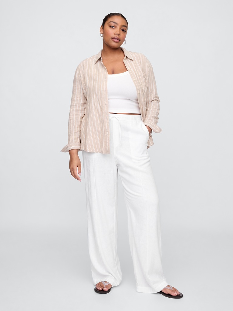 Mid Rise Linen-Blend Pull-On Wide-Leg Pants