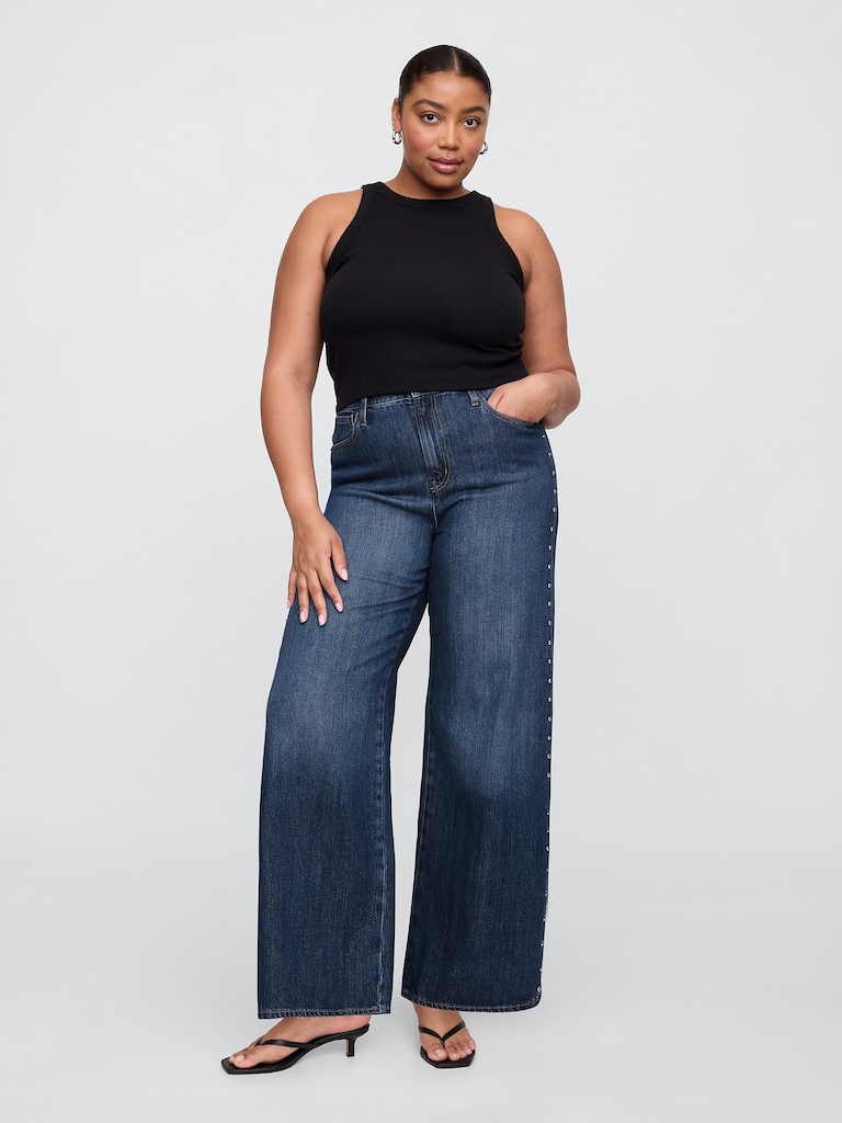 High Rise SuperSoft Studded Wide-Leg Jeans