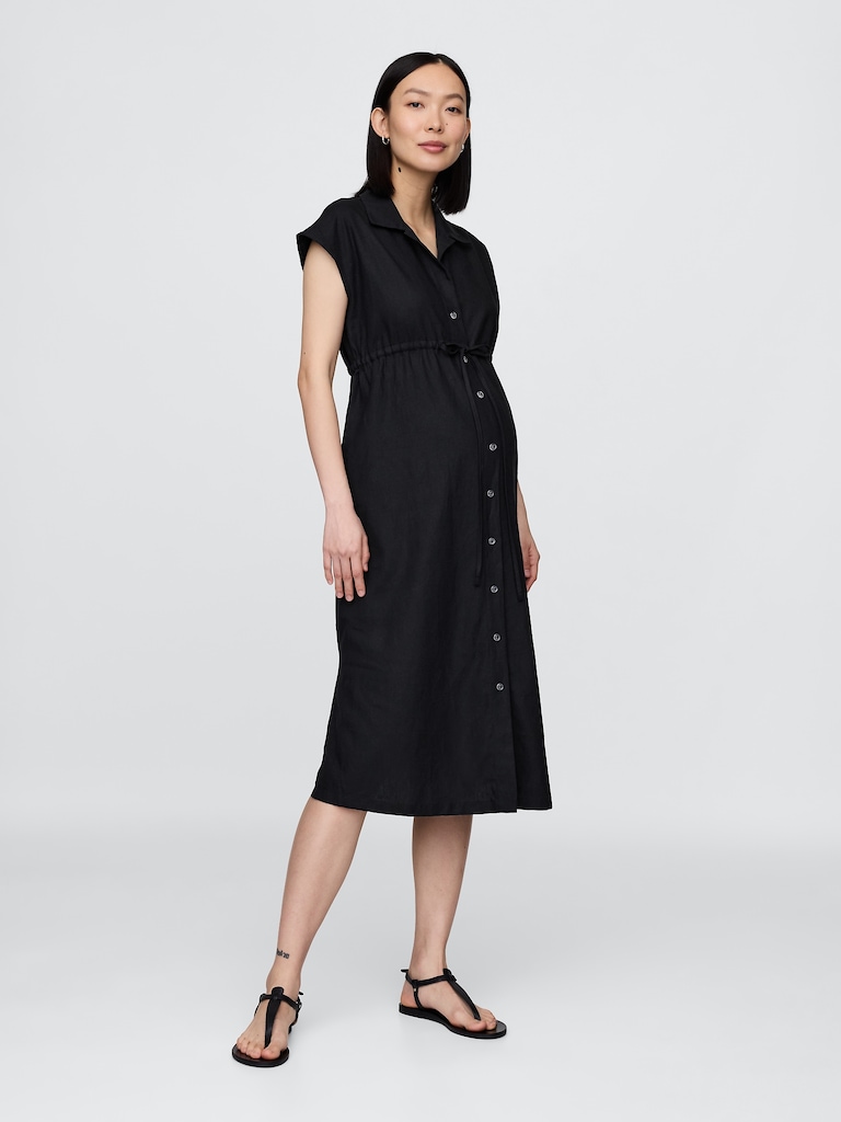 Maternity Linen-Blend Midi Shirtdress
