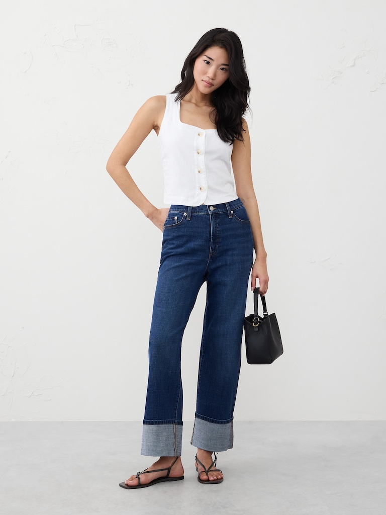 Linen-Blend Buttoned Top