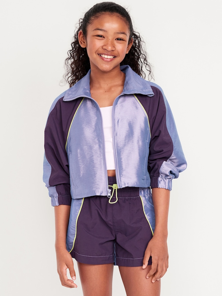Shiny Oversized Cropped Color-Block Zip Jacket for Girls