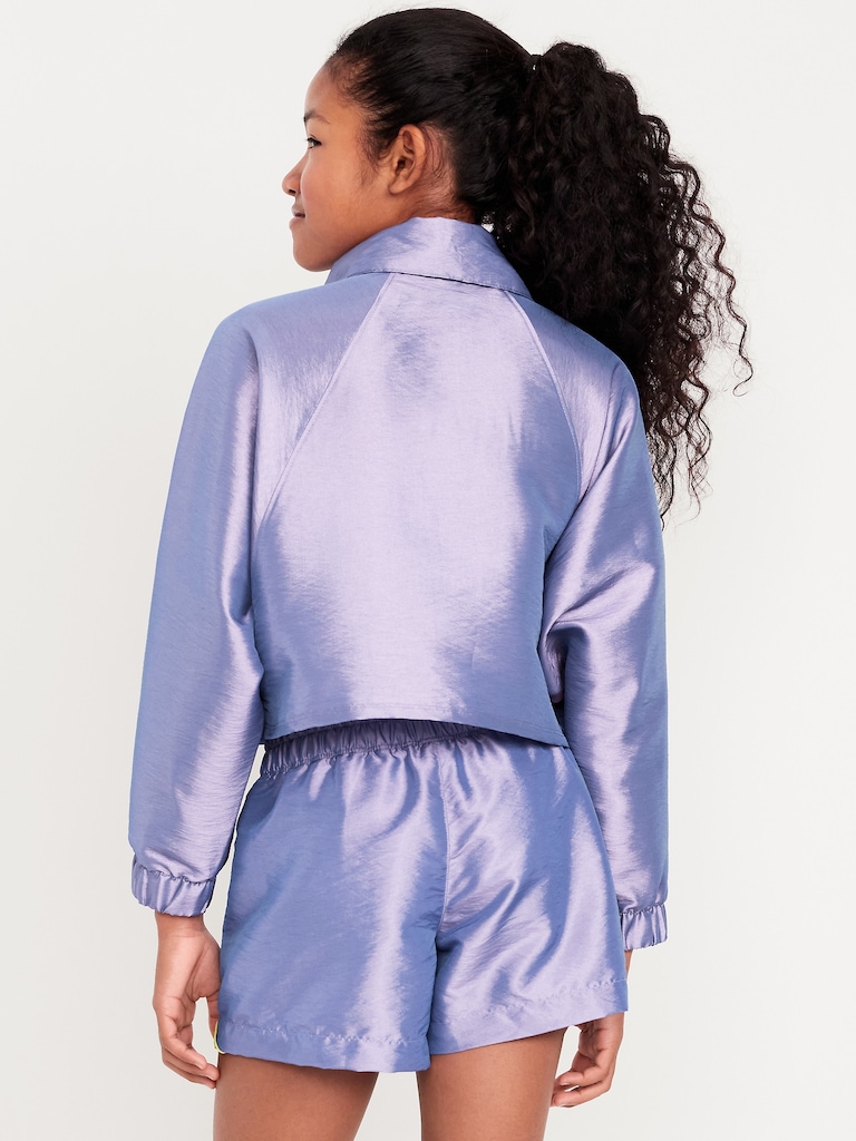 Shiny Oversized Cropped Color-Block Zip Jacket for Girls