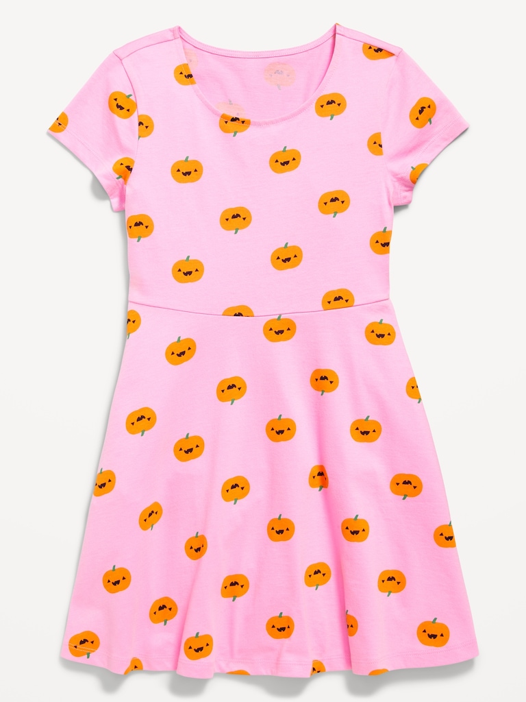 Printed Short-Sleeve Fit and Flare Dress for Girls