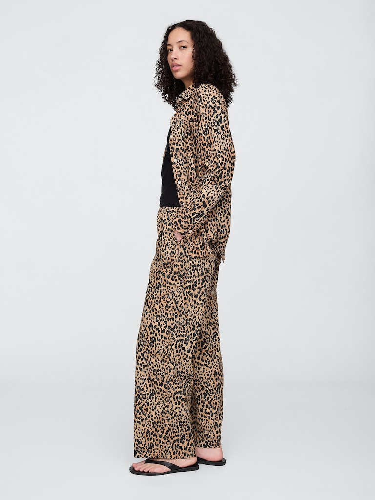 Mid Rise Linen-Blend Pull-On Wide-Leg Pants