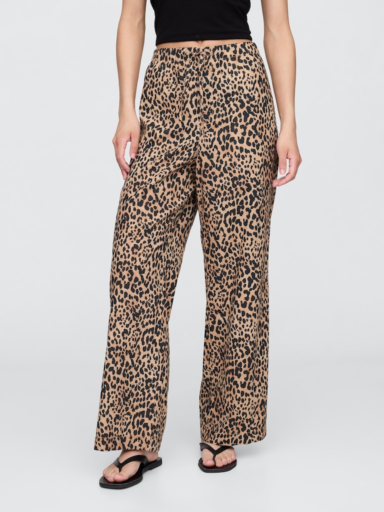 Mid Rise Linen-Blend Pull-On Wide-Leg Pants