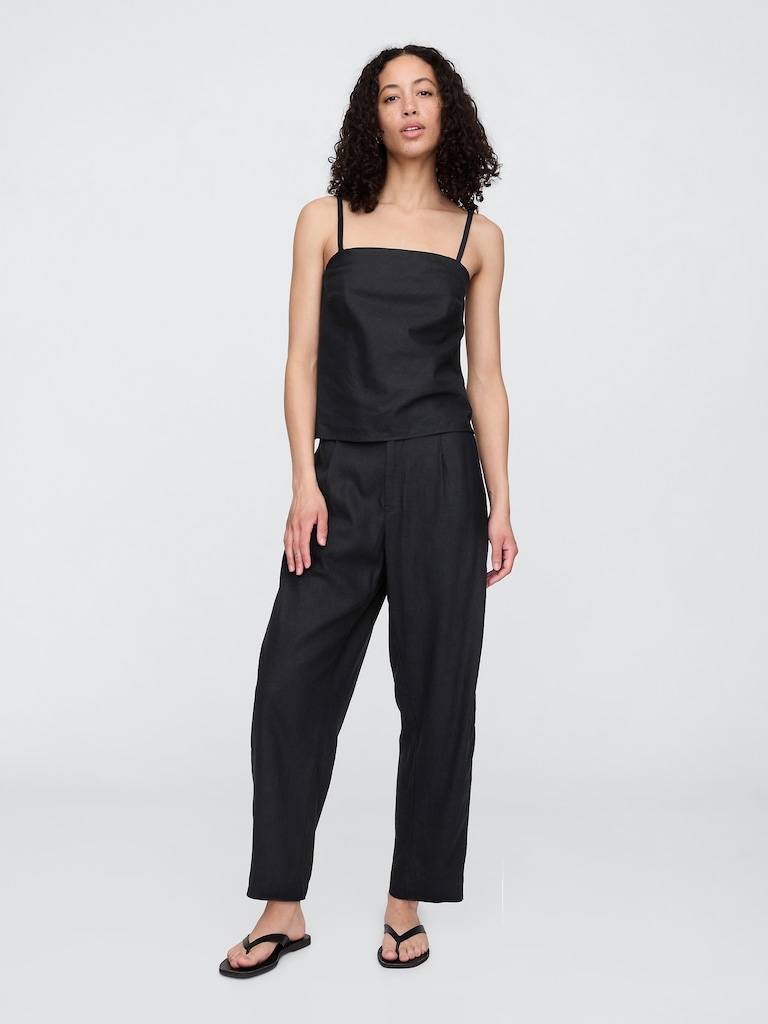 Mid Rise Linen-Blend Barrel Pants