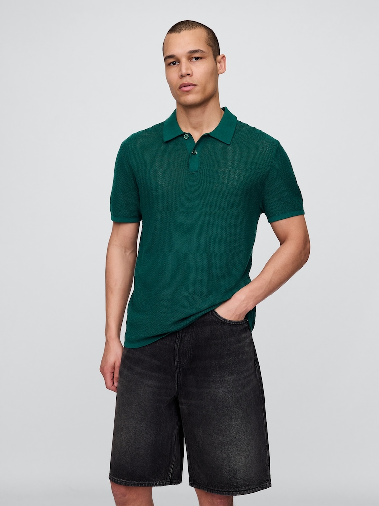 Textured Crochet Polo Sweater
