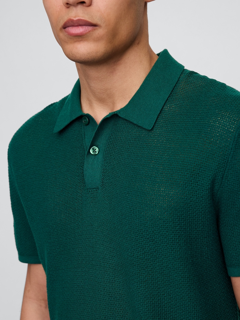 Textured Crochet Polo Sweater