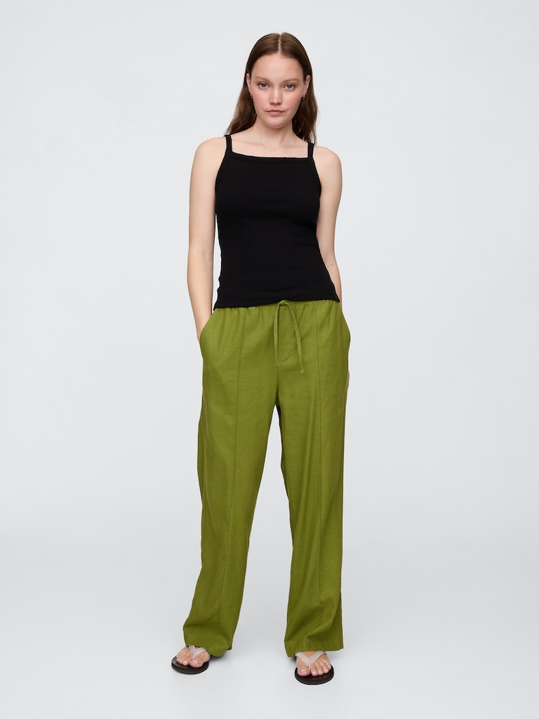Mid Rise Linen-Blend Pull-On Wide-Leg Pants